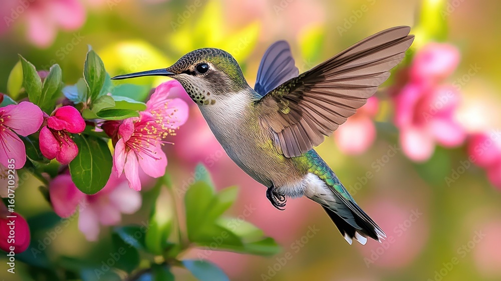 Fototapeta premium Hummingbird in flight, feeding on pink blossoms