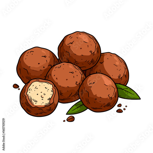 Hand-drawn pile of fried meatballs or arancini, one cut open to reveal a creamy cheese filling.