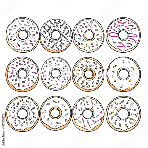 Set of twelve hand-drawn cartoon donuts with white icing and colorful sprinkles and drizzles.