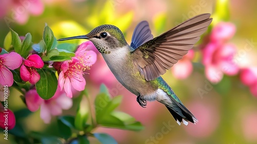 Fototapeta Naklejka Na Ścianę i Meble -  Hummingbird in flight, feeding on pink blossoms