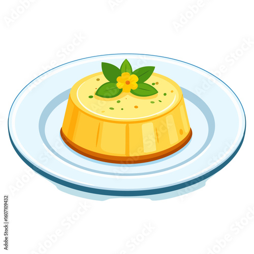 Illustrated yellow custard pudding with a fresh mint and flower garnish.