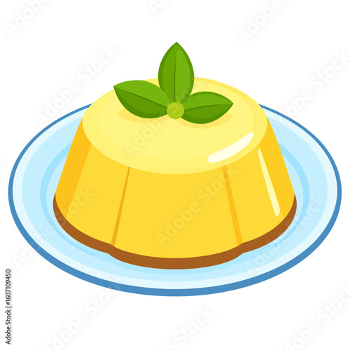 Glossy yellow pudding with a mint leaf garnish, served on a blue plate illustration.