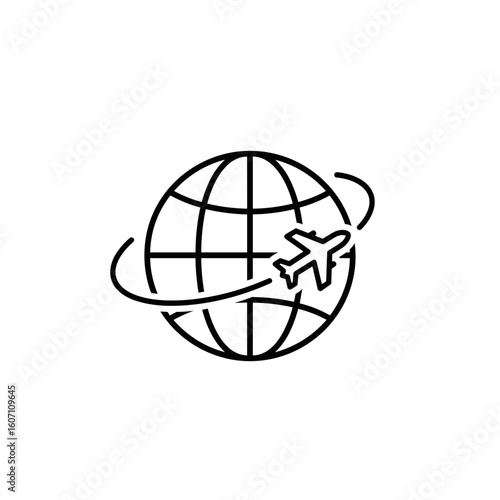 Airplane flying around the globe in minimal line art style  
