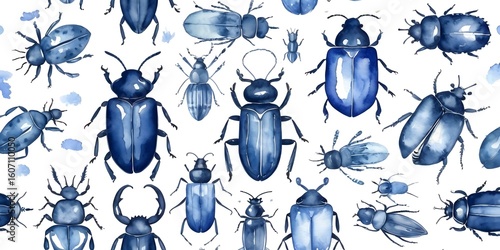 Seamless Watercolor Beetle Pattern in Blue and Indigo. Ideal for use in fabric design, wrapping paper, stationery, backgrounds