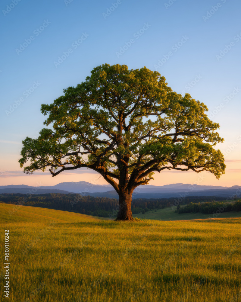 Obraz premium Grand ancient tree stands alone on open plain, sunlight illuminating lush green leaves, peaceful landscape at sunset