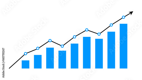 Blue business grow up graph with line arrow moving upward direction concept of economic growth, stock market profit, business growth, share, stock, financial growth. Vector illustration.