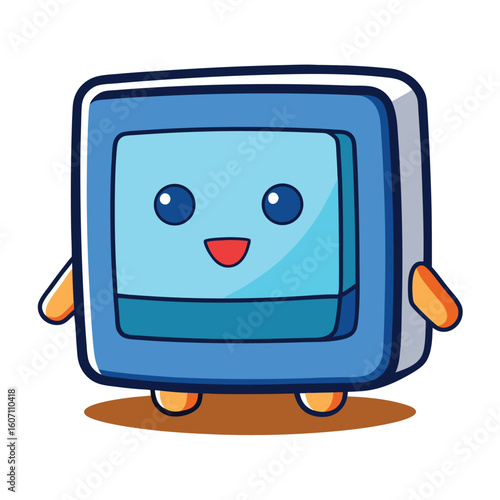 Cute Blue Cartoon Computer Character Smiling on transparent background