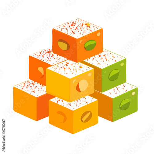 Pyramid stack of colorful Turkish delight with pistachios, nuts, and powdered topping.
