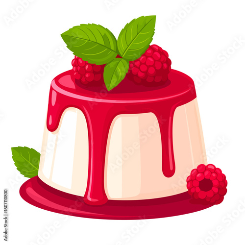 Creamy panna cotta dessert with dripping raspberry sauce, fresh berries, and mint leaves.