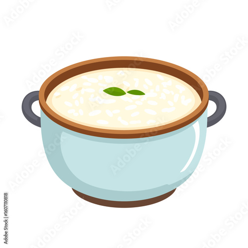 Creamy rice porridge in a light blue ceramic bowl with a green leaf garnish.