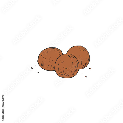 A trio of brown, round meatballs illustrated in a simple cartoon style with textured lines and crumbs.