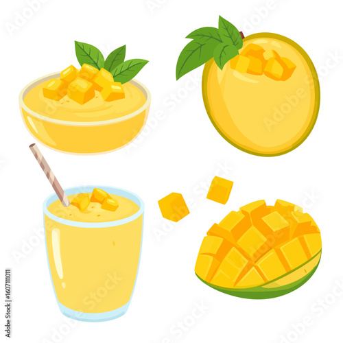 Vibrant cartoon collection of mango fruit, smoothie, and puree with diced pieces and green leaves.