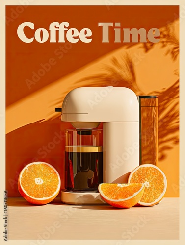 Coffee Machine with Fresh Orange Slices on Warm Toned Background