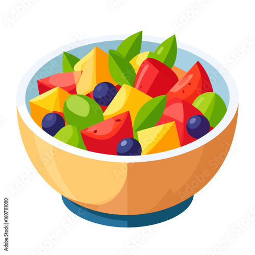 Vibrant fruit salad in a yellow bowl, with chopped watermelon, pineapple, grapes, blueberries, and fresh mint leaves.