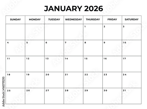 Printable January 2026 Calendar with Daily Boxes Week Starts from Sunday