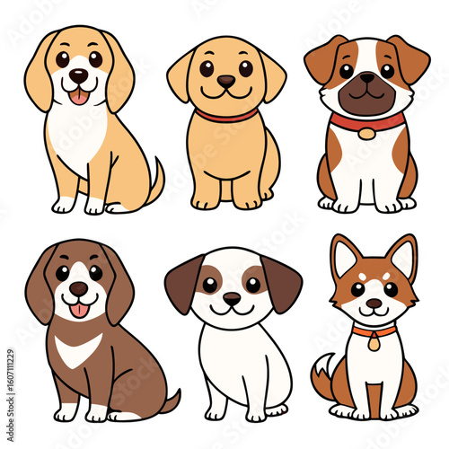 Six cartoon dogs sitting puppies illustration