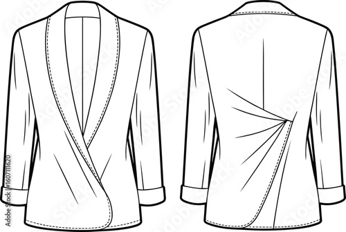 Flat vector CAD sketch of women’s wrap front blazer with back pleats, shawl collar, long sleeves, and cuffed hem detail