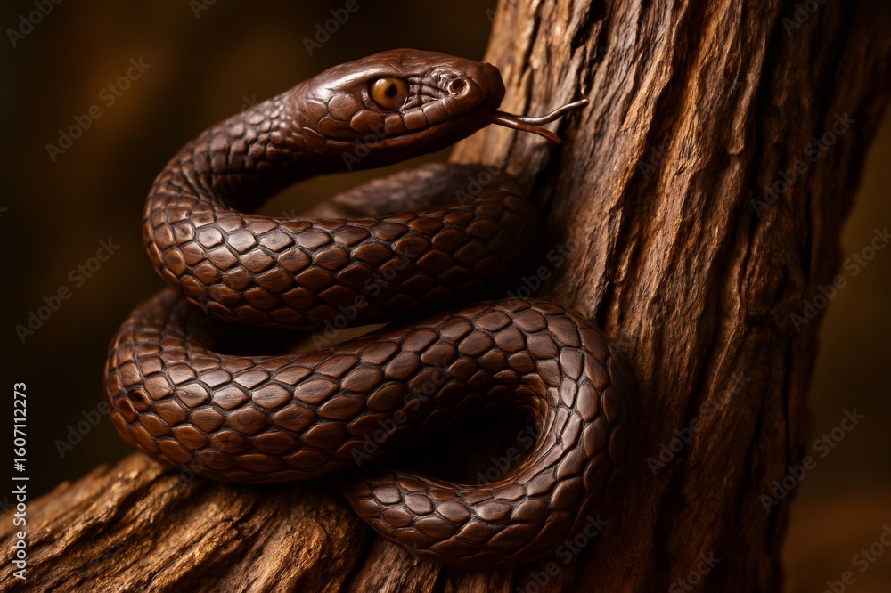 Fototapeta premium Wooden snake slithering on a piece of wood