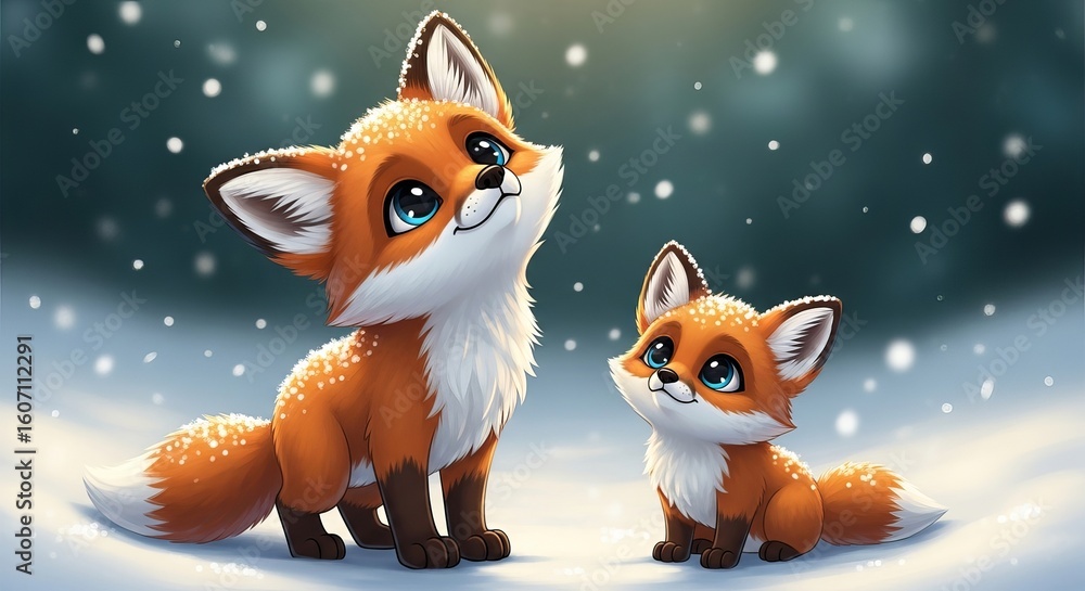 Obraz premium Adorable cartoon foxes with big blue eyes looking up in a snowy winter forest