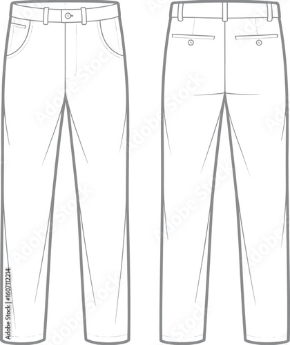 Men’s chino pants CAD drawing, technical flat sketch, trouser vector template, fashion garment illustration, apparel design for clothing designers