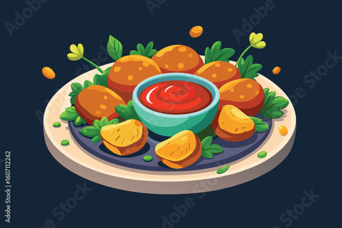 Delicious Chicken Nuggets with Ketchup and Fresh Herbs on a Plate