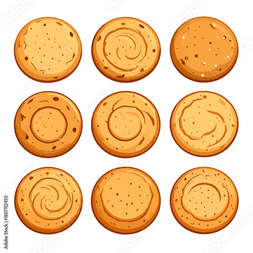 Assortment of nine golden-brown cartoon cookies with varied textures, swirls, and dotted patterns.