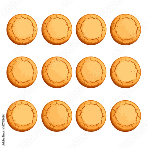 A dozen round, golden-brown cartoon cookies with a cracked texture, arranged in a grid.