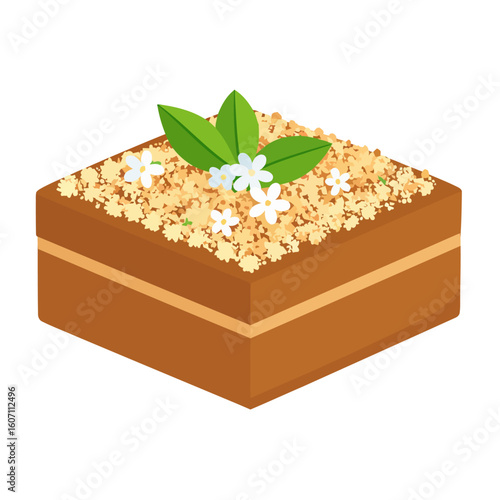 A square layered cake with a crumbly topping, garnished with small white flowers and green leaves.