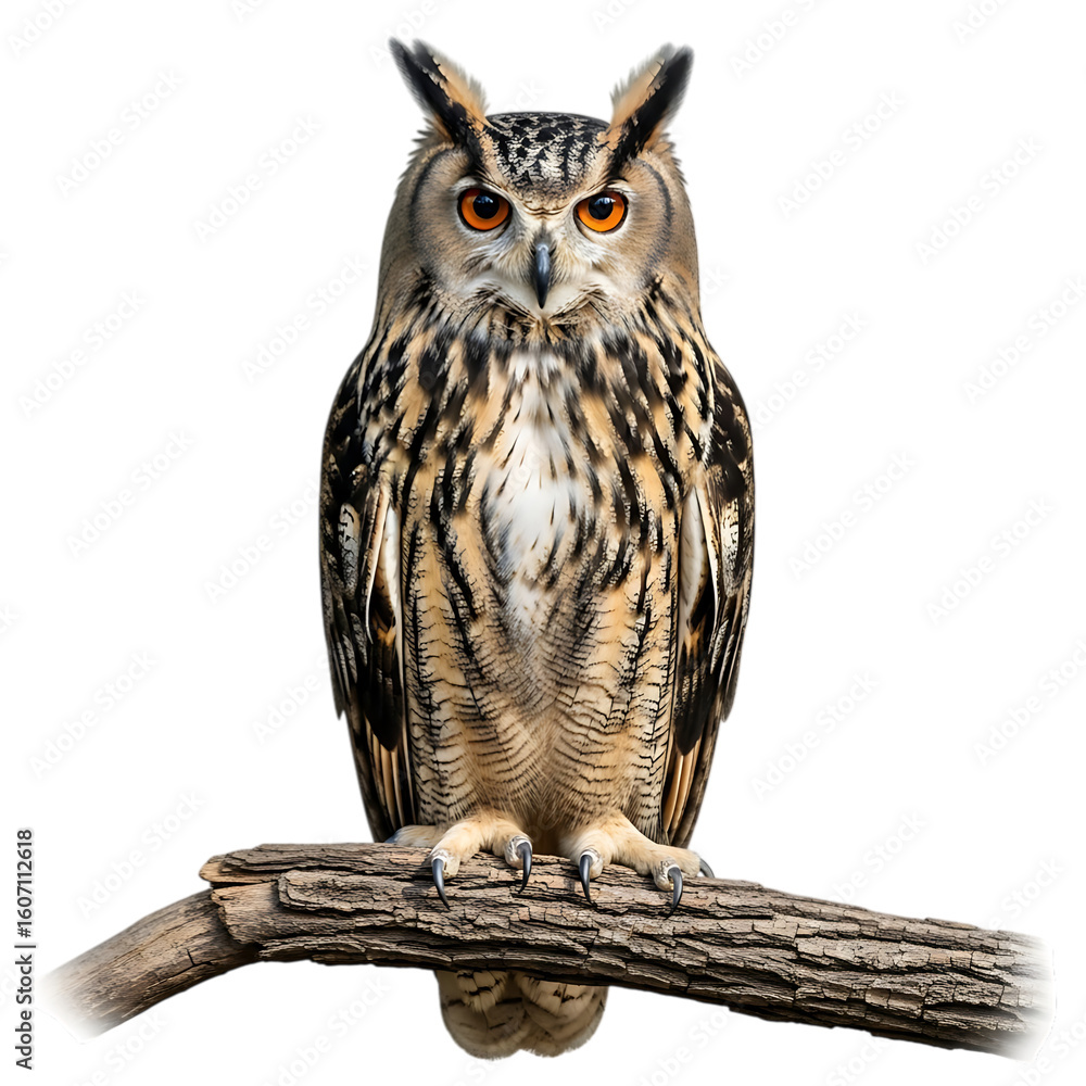 Naklejka premium Majestic eurasian eagle owl perched on a branch against a black background