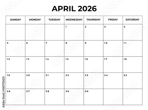 Printable April 2026 Calendar with Daily Boxes Week Starts from Sunday