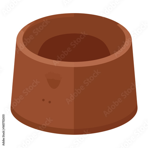 Isometric brown clay bowl with a wide rim and subtle decorative markings on its side.