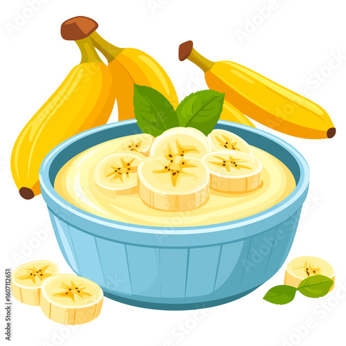 Creamy banana pudding in a blue bowl, garnished with fresh banana slices and mint leaves, vector illustration.