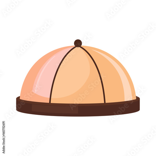 A shiny peach-colored dome cap with dark brown panels, a top knob, and a wide brown band.