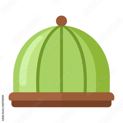 A stylized green dome-shaped beanie with vertical panels, a brown brim, and a small ball on top.