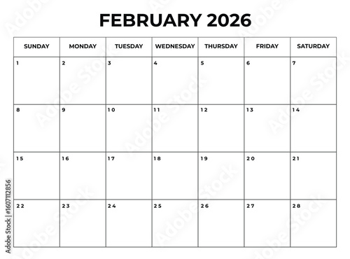 Printable February2026 Calendar with Daily Boxes Week Starts from Sunday