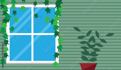 Window of a Private House with Decorative Ivy and Plants. Buildings and architecture, cozy rural living vector art