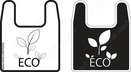 Reusable eco shopping bag icon with circular handle design and plant leaf emblem, zero waste concept with transparent background