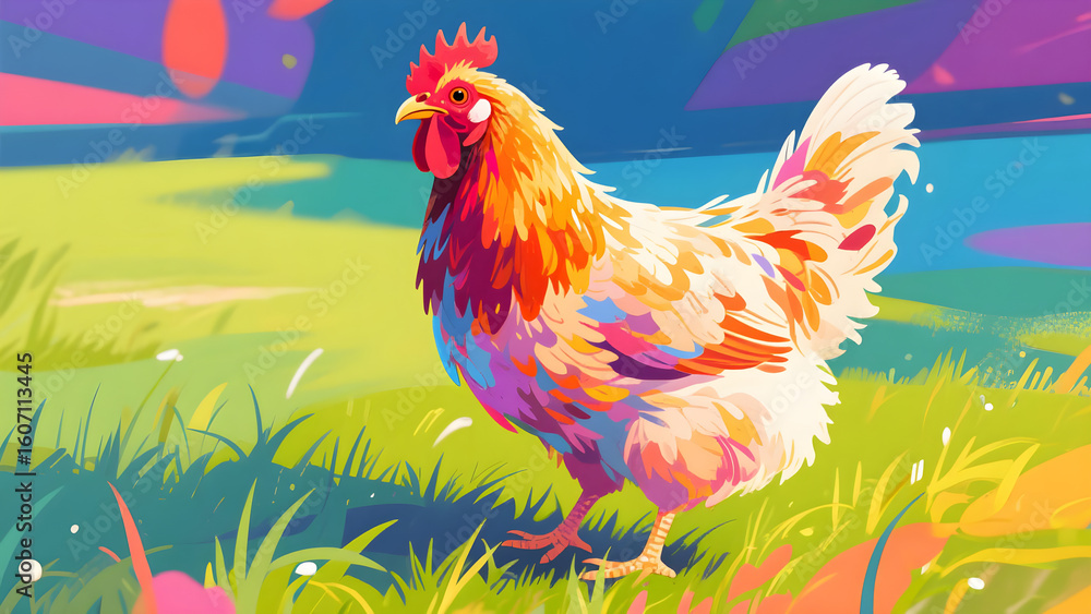 Fototapeta premium A vibrant and colorful chicken illustration in a modern, art deco-inspired style. The chicken's dynamic and richly colored plumage contrasts beautifully with the softer, pastoral background.