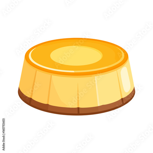 Whole round cr?me caramel flan dessert with a glossy yellow custard and brown caramel base. Simple flat cartoon illustration.