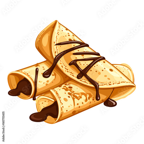 Stack of three golden-brown rolled crepes filled and drizzled with rich, glossy chocolate sauce.