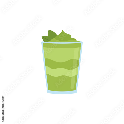 Layered green smoothie with whipped topping and fresh mint leaves garnish.
