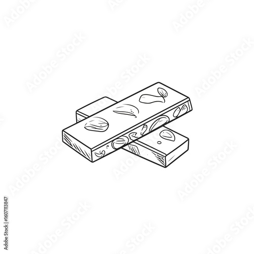 Hand-drawn sketch of two stacked nougat bars with whole almonds and nuts.