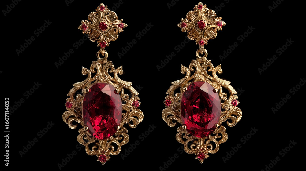 Fototapeta premium A pair of earrings with red stones and gold accents