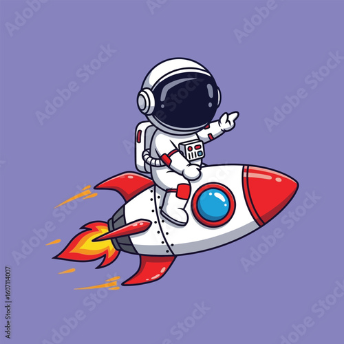 A cute cartoon astronaut joyfully rides a red and white rocket ship through space, leaving a trail of fire and smoke behind.