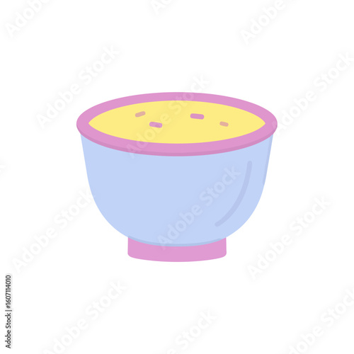 A simple flat illustration of a pastel blue and pink bowl filled with creamy yellow soup.