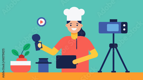 Female Chef Filming Cooking Tutorial Vector Illustration