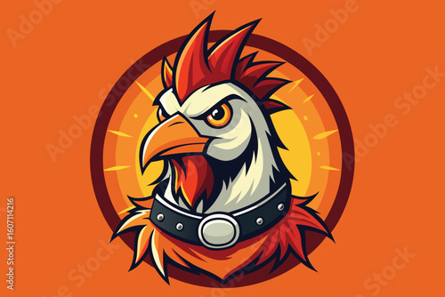 Cartoon Rooster Head with Leather Collar Illustration on Orange Background