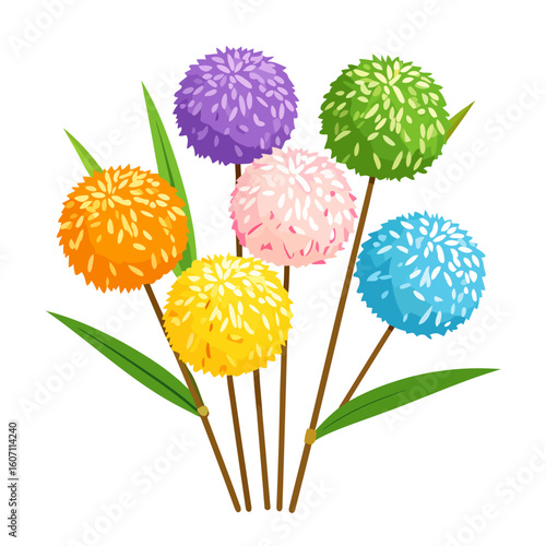 A vibrant bouquet of stylized, spherical pom-pom flowers in multiple bright colors on thin stems.