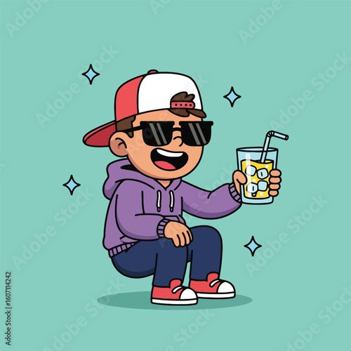 A cool cartoon boy in a hoodie and sunglasses squats while holding a refreshing drink.