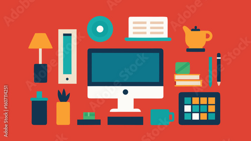 Flat Lay Freelance Designer Workspace Teal Orange Red